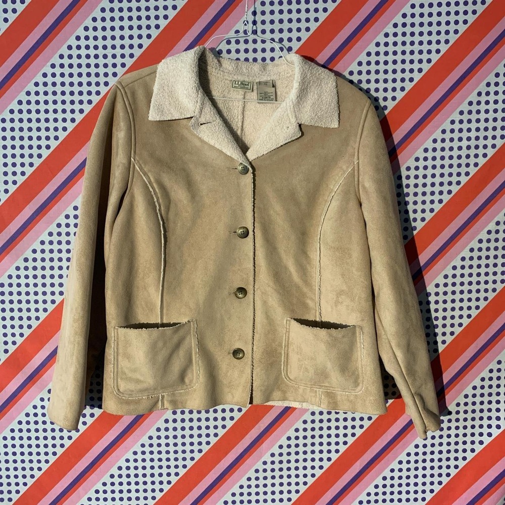 LL Bean Vintage 90s Faux Suede Shearling Collar Jacket Tan Womens XL
